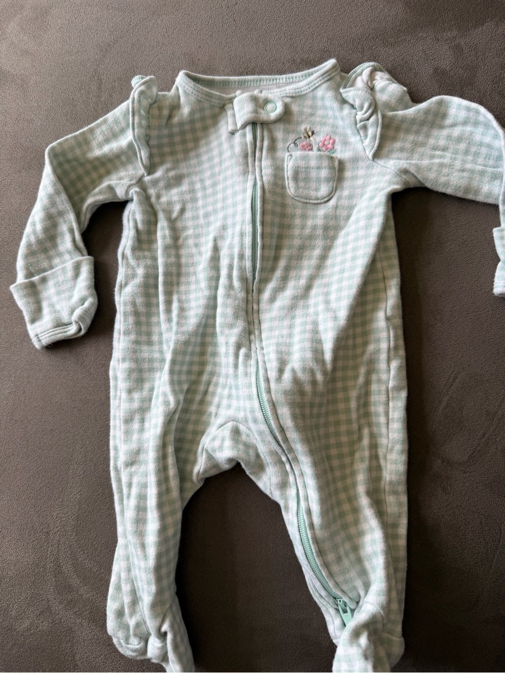 Carters Spring Baby Girls Mint Gingham One-Piece Footed pajama bumble bee
